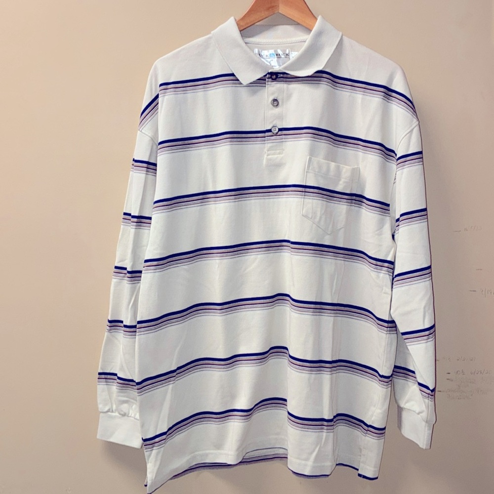 Buck & Buck Men's Long Sleeve Cream Striped Polo Shirt